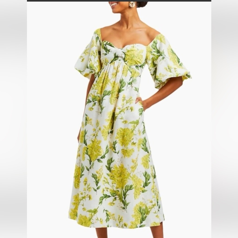 Yellow and Green Puff Sleeve Sundress for Wedding Guests